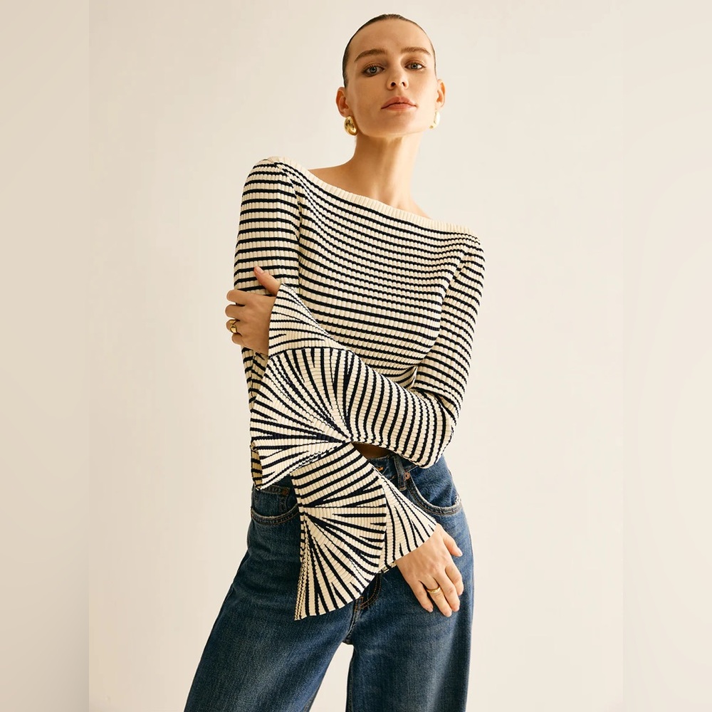 Commense Black and Cream Striped Knit Bell Sleeve Top